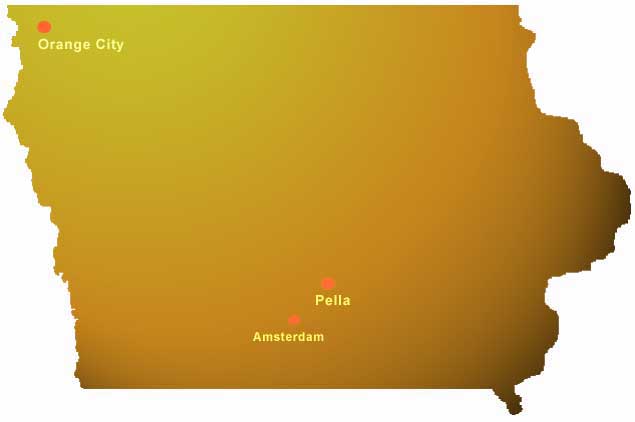 map of iowa with pella, amsterdam and orange city